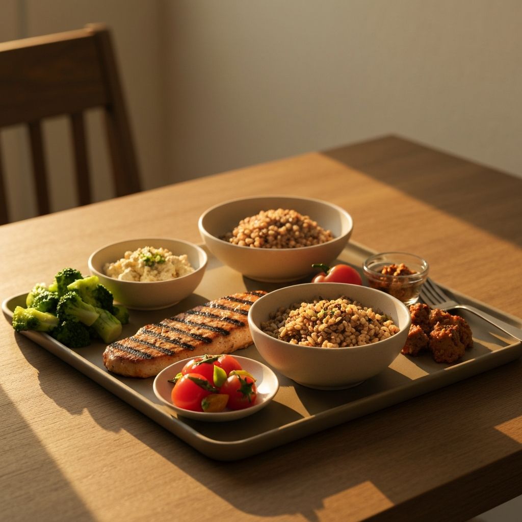 Thoughtfully composed generic balanced meal showing diverse foods representing proteins, fats, and carbohydrates with natural warm lighting
