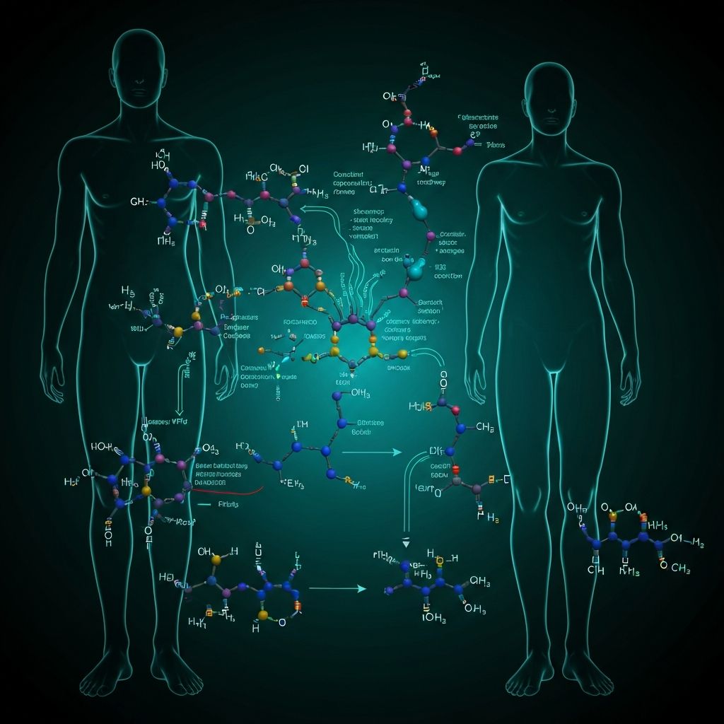Scientific visualization of human metabolism and energy pathways showing molecular processes and energy flow through biological systems
